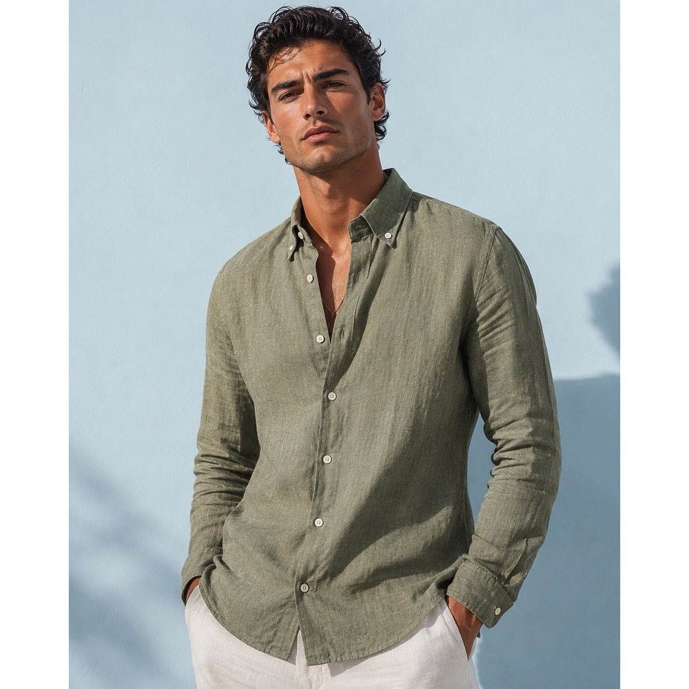 Natalino Italian Linen Button Down Shirt Mens 15.5 40 Olive Green NWT Italy